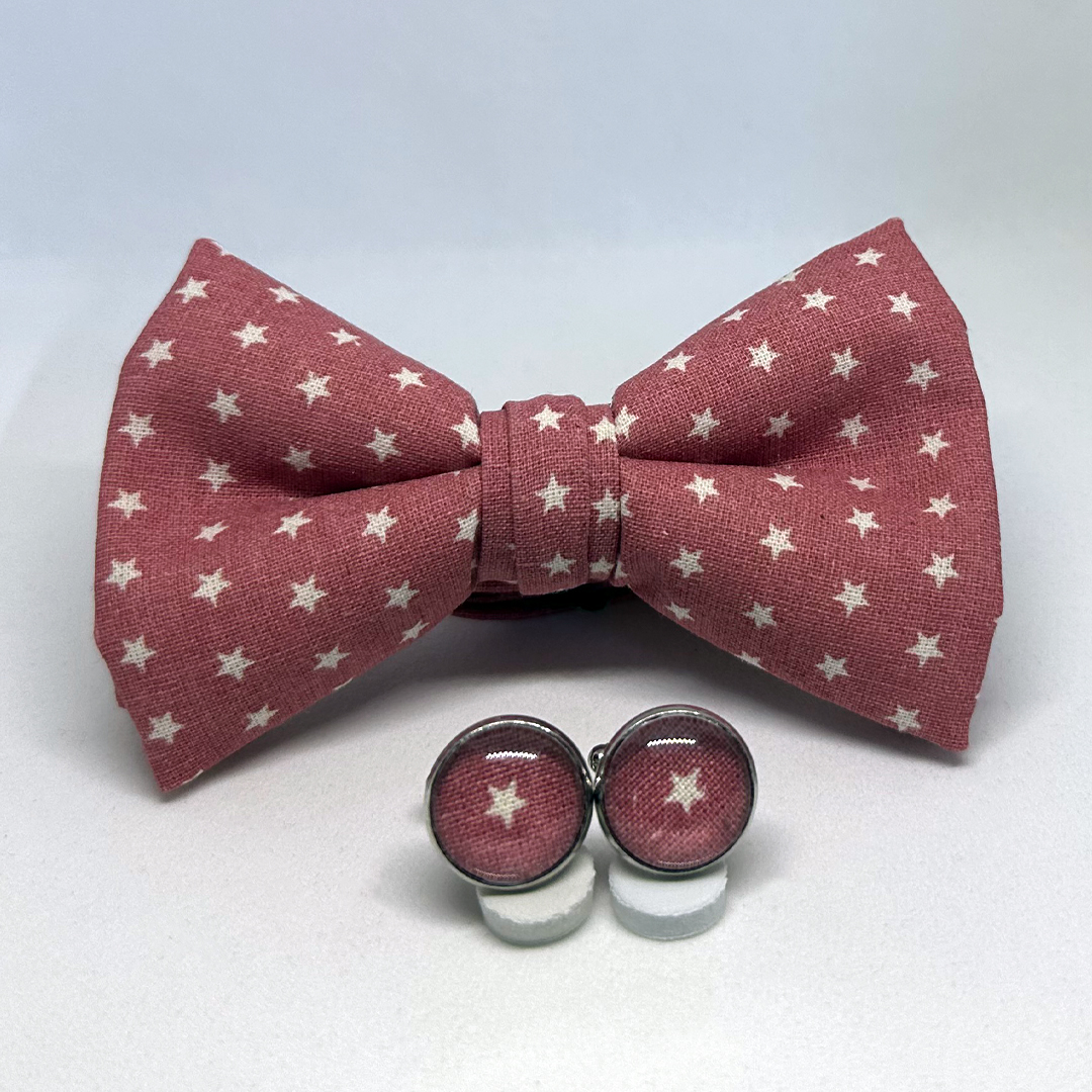 Pajarita estrellas rojo apagado con gemelos a juego - Imagen 2