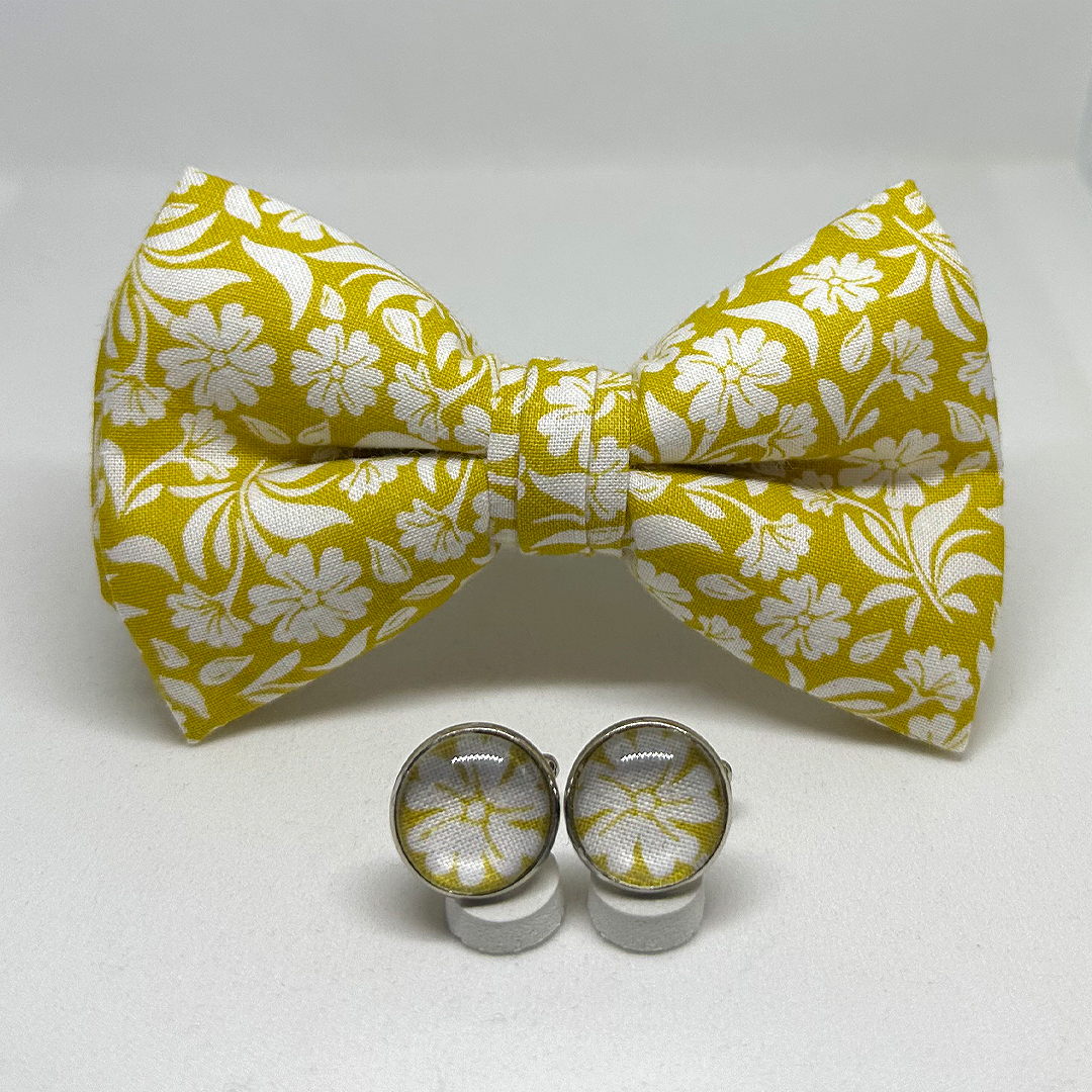 Pajarita flor blanca fondo amarillo con gemelos a juego - Imagen 2