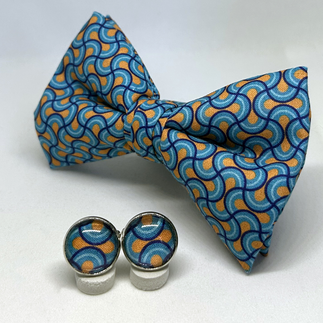 Pajarita ondas azul y naranja con gemelos a juego