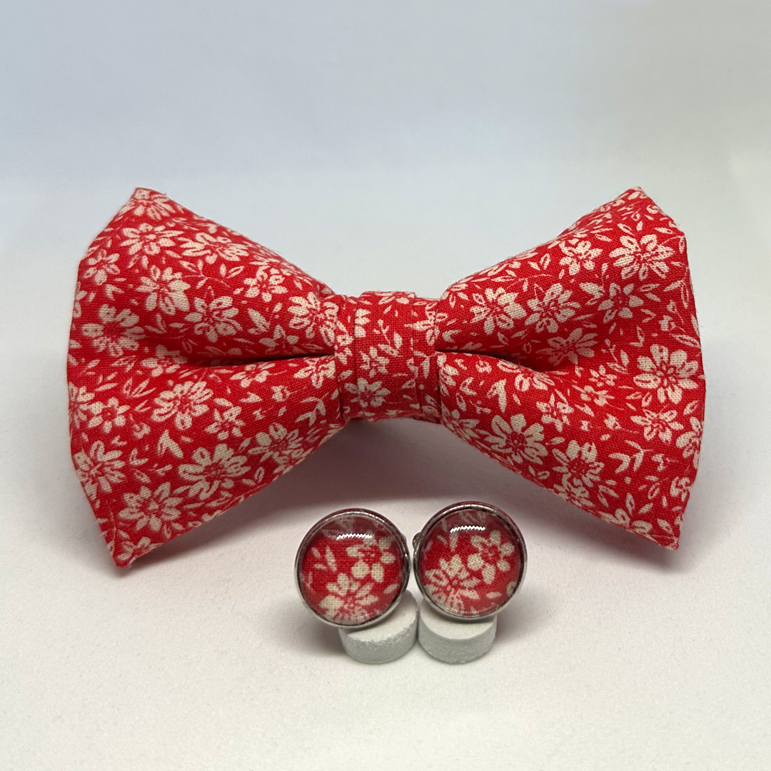 Pajaritas florecitas blancas fondo rojo con gemelos a juego - Imagen 2