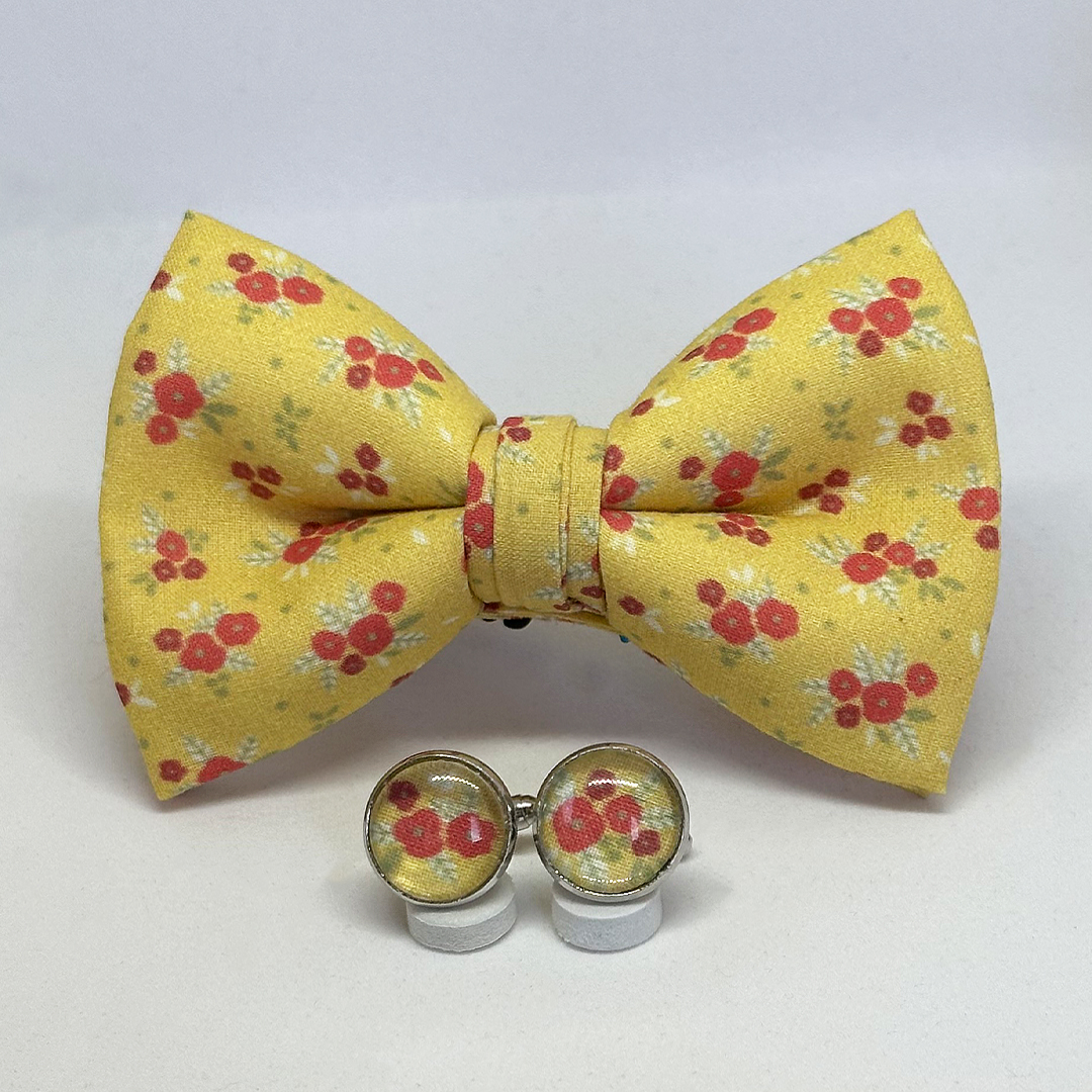 Pajarita flor rojiza fondo amarillo con gemelos a juego - Imagen 2