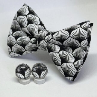 Pajarita hojas abanico blanco y negro con gemelos a juego