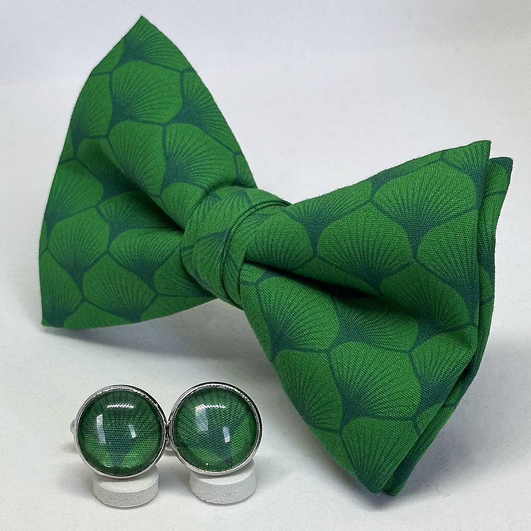 Pajarita hojas abanico verde con gemelos a juego