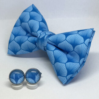 Pajarita hojas abanico azul con gemelos a juego